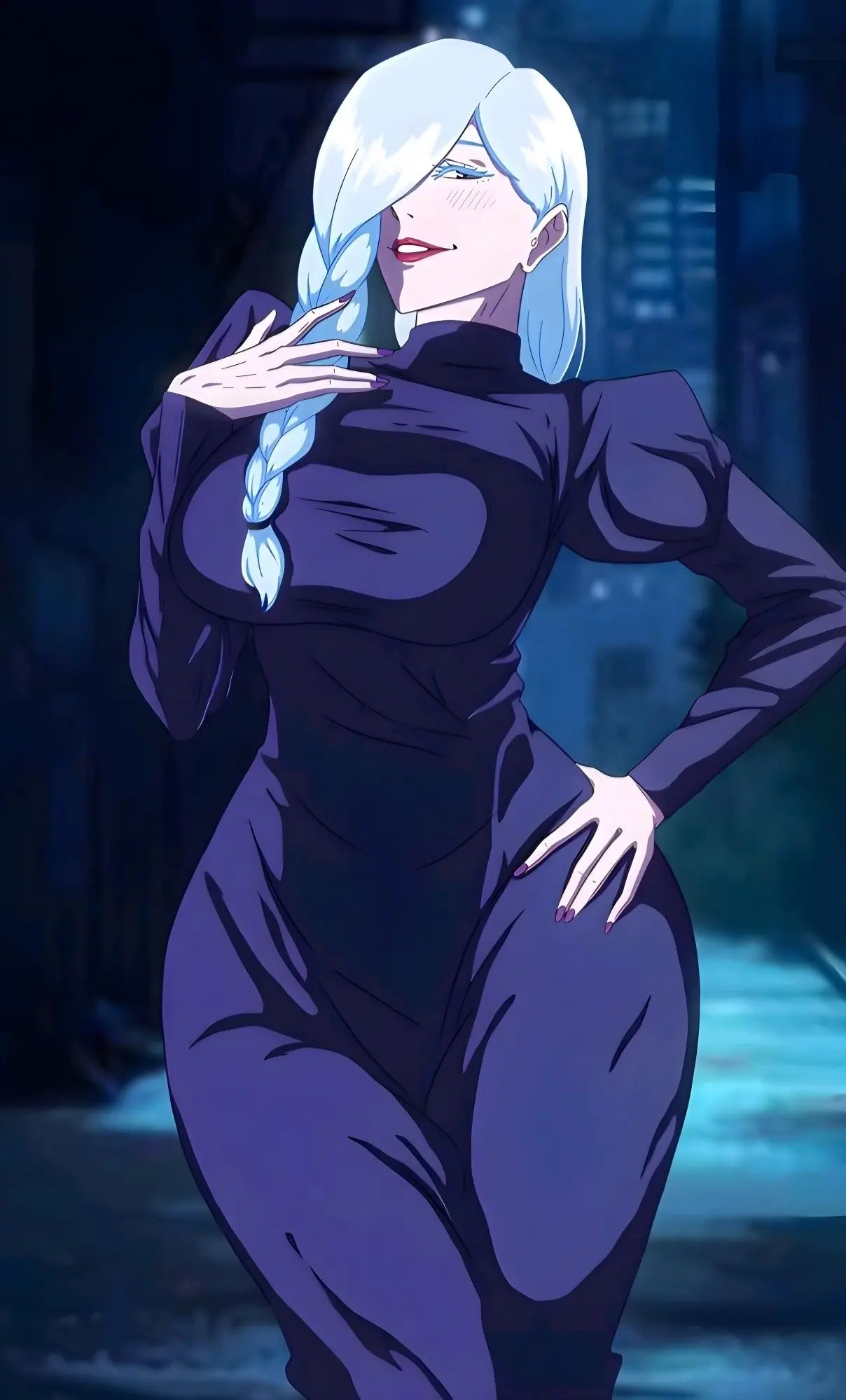 Hentai mei mei tóc trắng bím dài mặc bodysuit đen ôm sát khoe đường cong gợi cảm