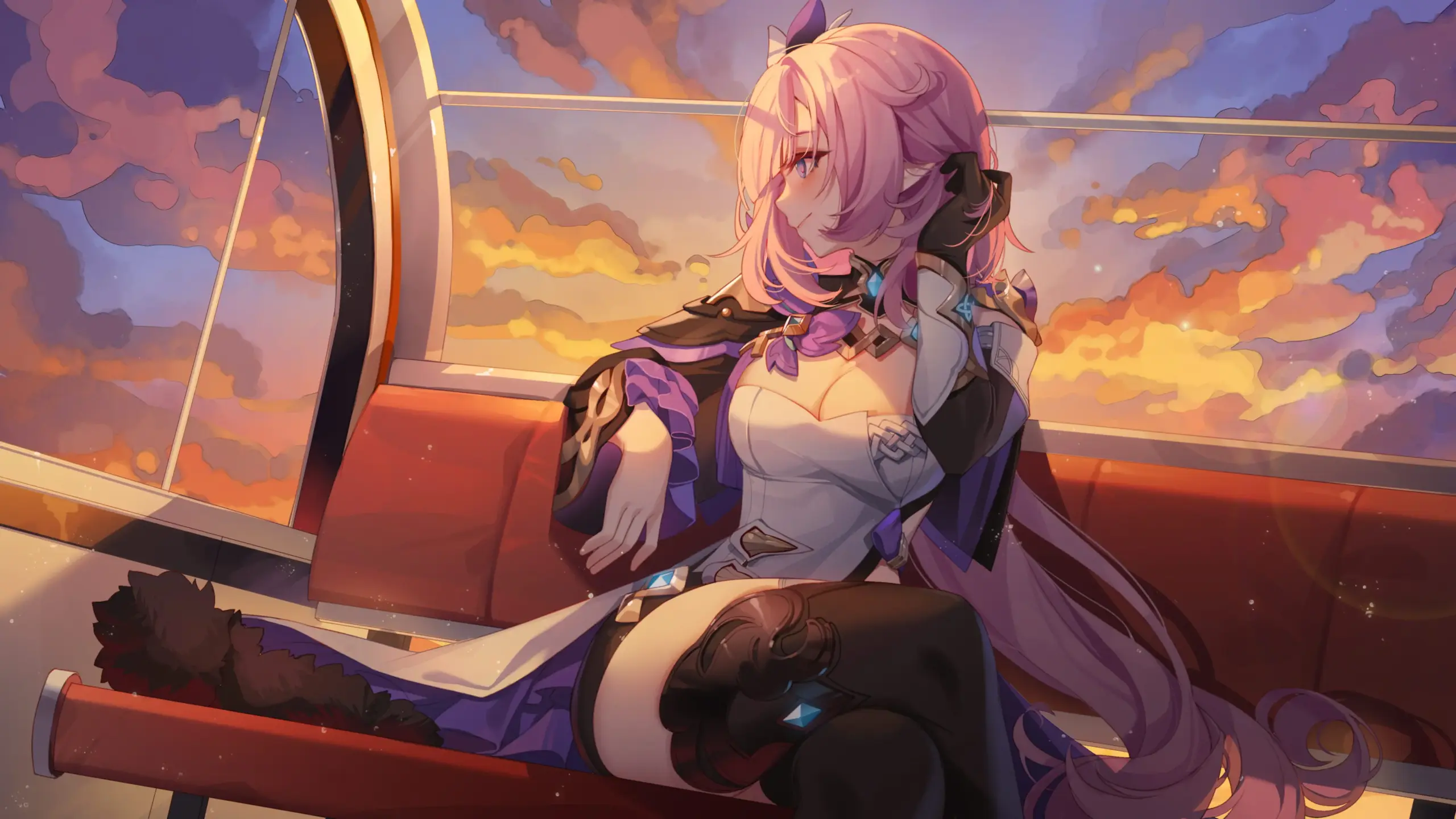 Elysia hentai gợi cảm ngồi thư thái trên ghế đỏ ngắm hoàng hôn rực rỡ