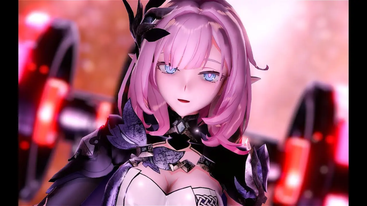 Elysia hentai tóc hồng mắt xanh elf mặc giáp đen lộ ngực căng tròn