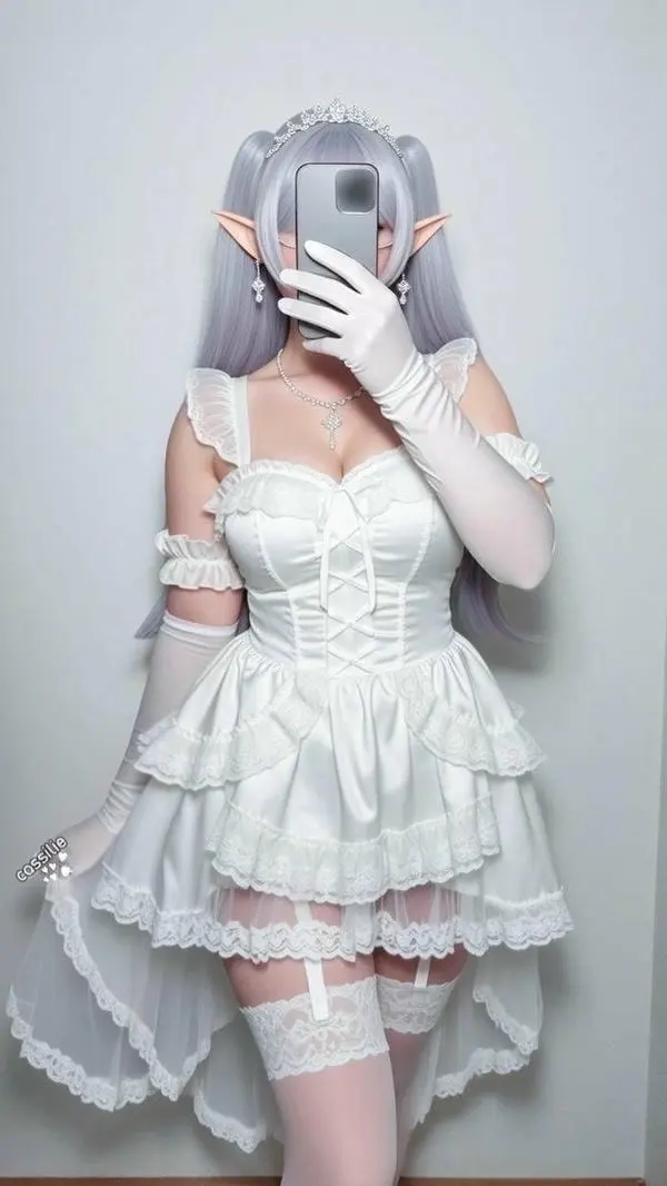 Cosplay elf váy trắng lộ lồn garter dâm