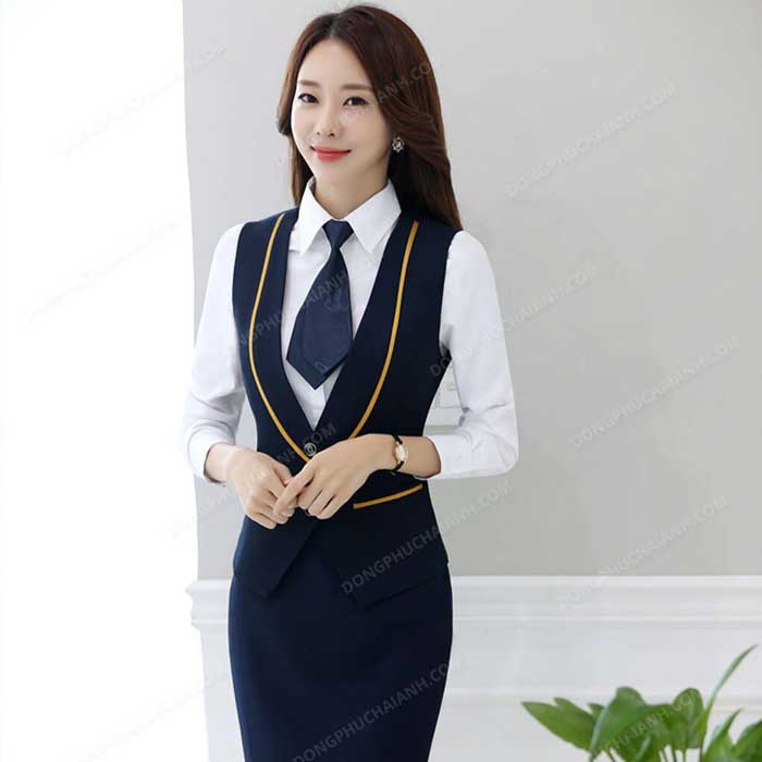 Mẫu Đồng Phục Áo Gile Nữ Công Sở Cách Điệu Chỉ Vàng