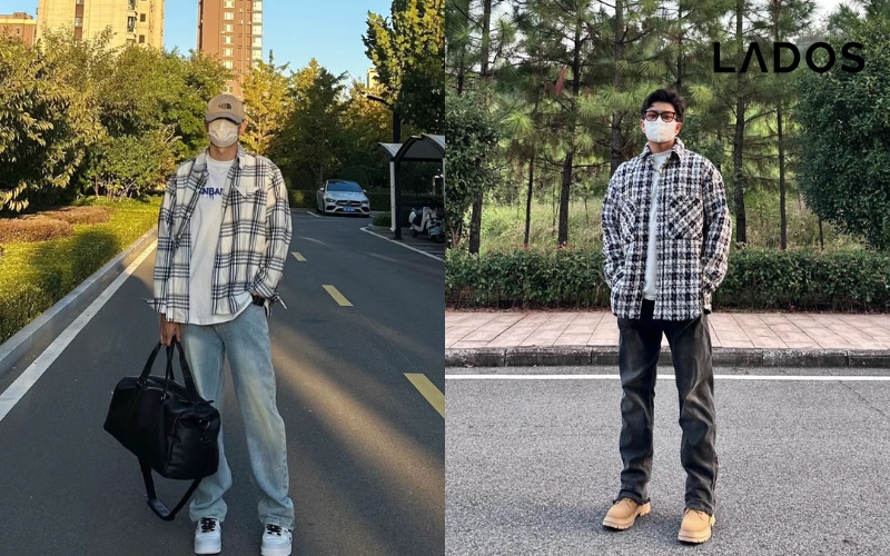 Cuc nam tinh khi phoi ao so mi caro dang rong voi quan jeans