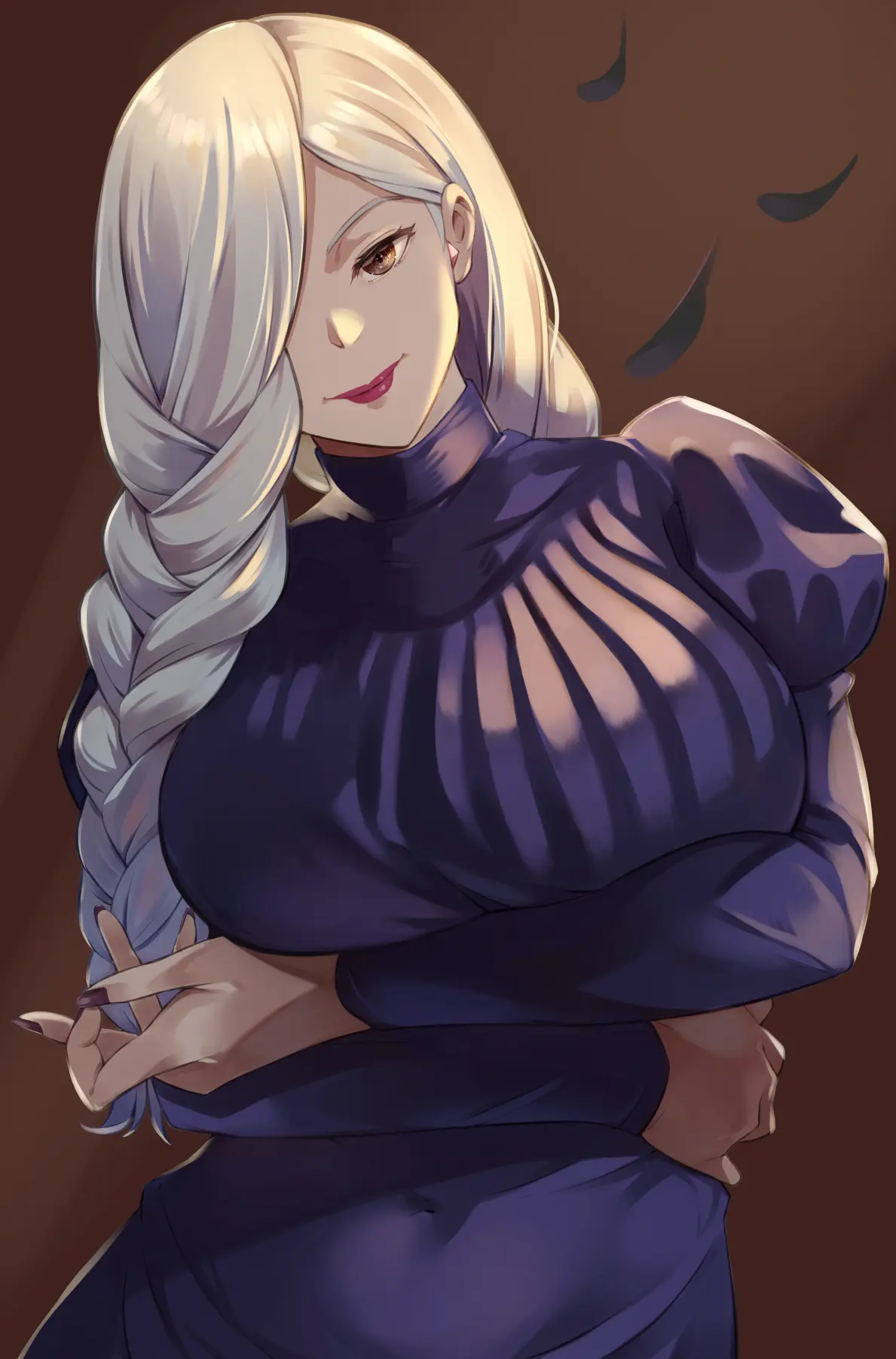 Hentai mei mei tóc trắng bện váy tím bó sát ngực khủng nụ cười quyến rũ
