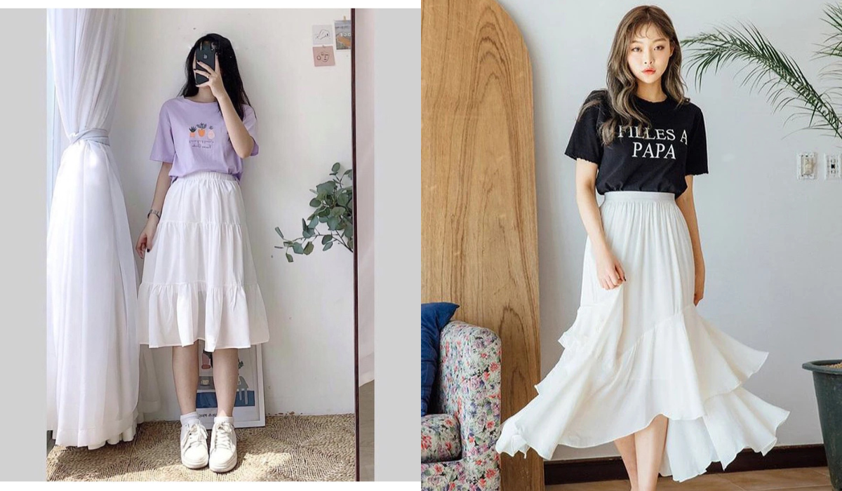 2. Áo kiểu và chân váy dài