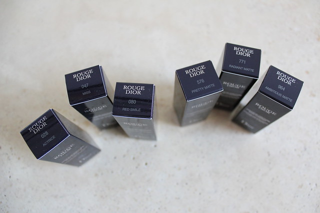 Rouge Dior lipsticks in Actrice, Miss, Red Smile, Pretty Matte, Radiant Matte, and Ambitious Matte review for fall 2016