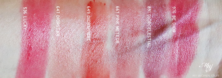 dior addict stellar shine swatches - lucky, diorstar, diorsphere, pink meteor, diorcelestial, be dior