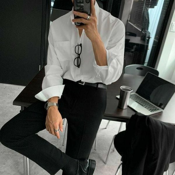 Outfit đi đám cưới nam - Áo sơ mi trắng Oxford tay dài kết hợp quần tây đen kết hợp giày Derby