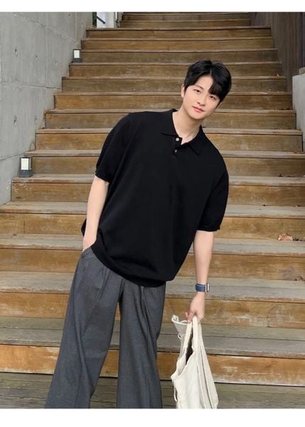 Outfit đi đám cưới nam - Áo polo dệt kim kết hợp quần tây xám kết hợp giày loafers