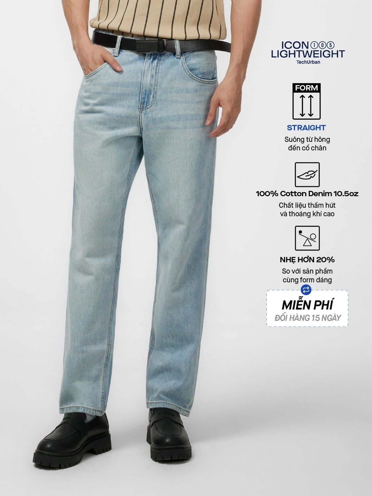 Quần Jean Nam Siêu Nhẹ Ống Suông Xanh Nhạt Trơn ICON105 Form Straight