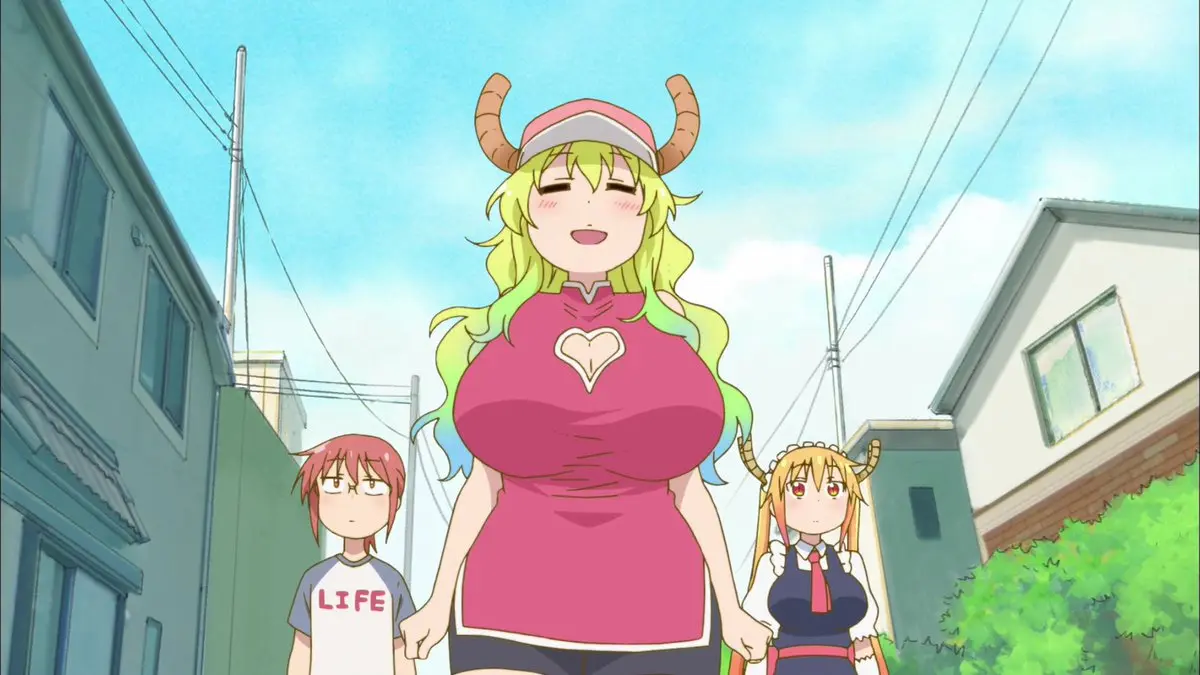 Tohru gái anime to tròn dẫn hai đứa trẻ đi dạo trên phố nhật bản