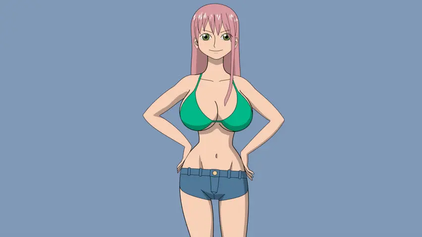 Gái anime ngực to tròn mặc bikini xanh lá tóc hồng dài gợi cảm