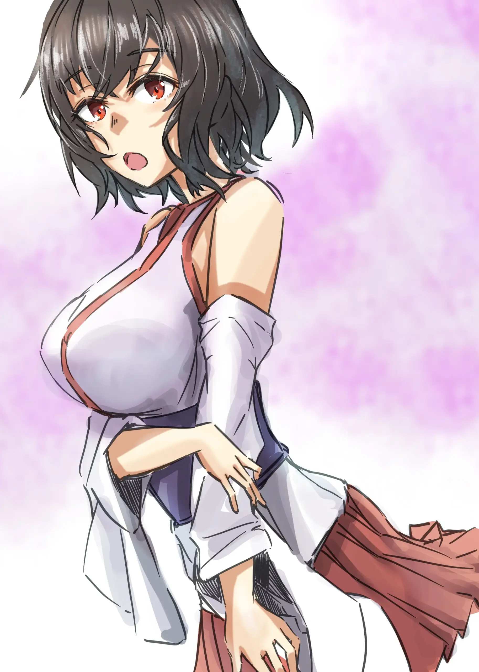 Gái anime ngực to tròn mắt đỏ tóc đen mặc yukata trắng váy đỏ quyến rũ