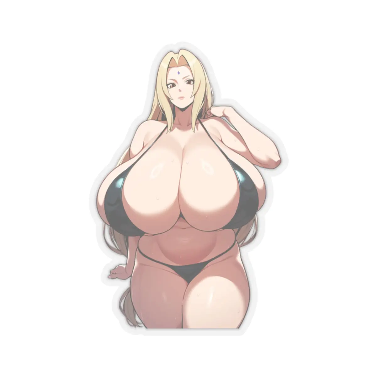 Gái anime tóc vàng mặc bikini đen khoe vòng một to tròn đầy đặn