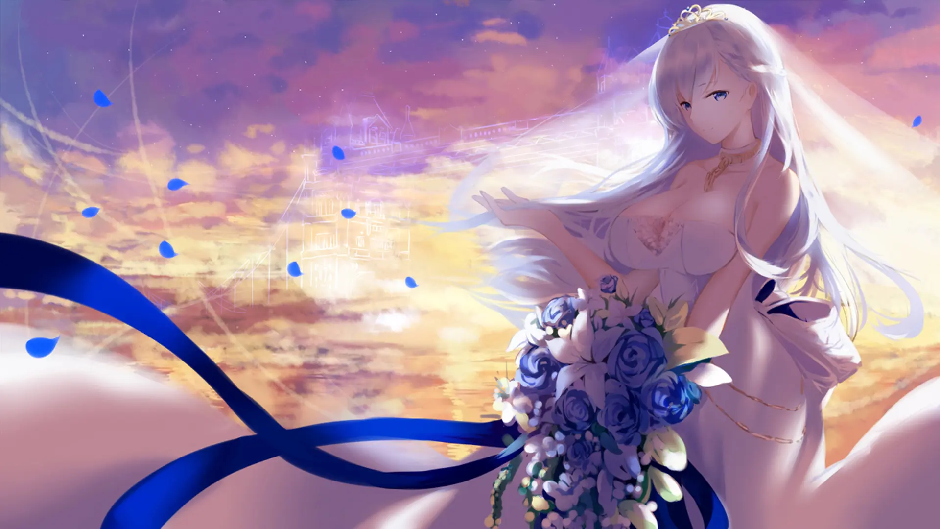 Gái anime to tròn diện váy cưới cầm hoa ngắm hoàng hôn