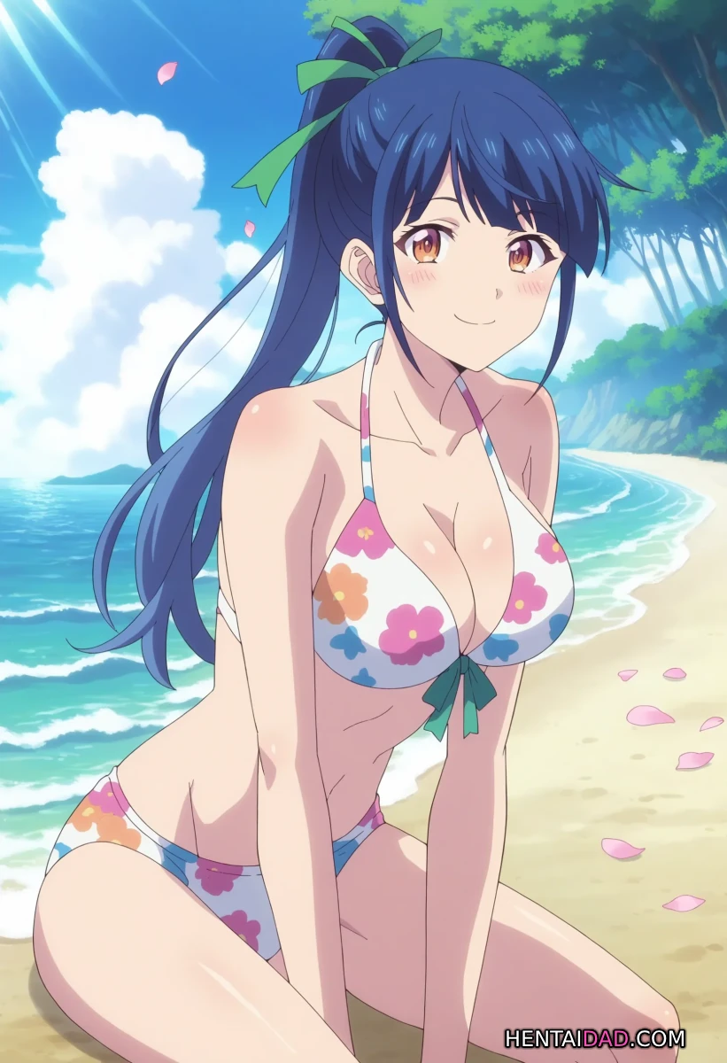 Ami Tsuruga ngắm nhìn biển ướt đượm trên bãi cát