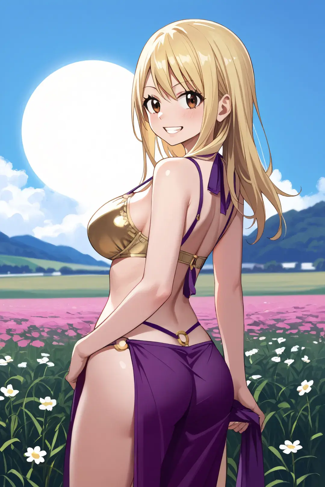 Ảnh hentai lucy heartfilia bikini vàng gợi cảm váy tím bên cánh đồng hoa tím núi
