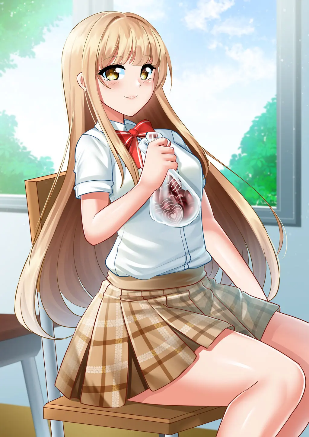 Ảnh shiina mahiru hentai mặc đồng phục cầm túi tim đỏ ngồi ghế dễ thương