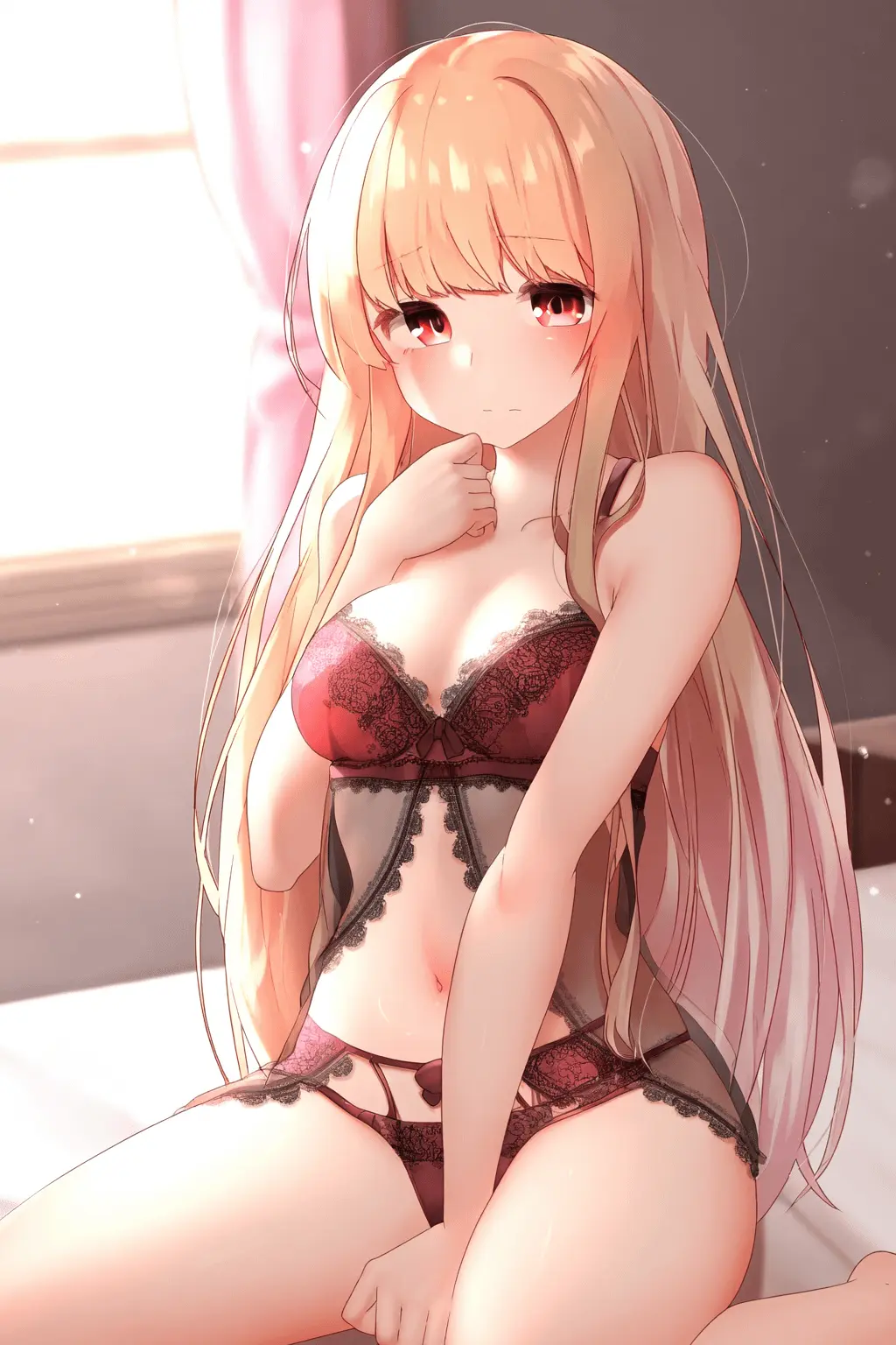 Ảnh shiina mahiru hentai mặc đồ lót đỏ ren ngồi e thẹn trên giường