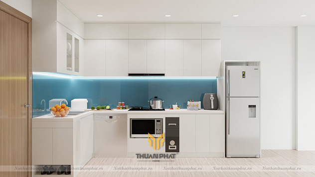 Tủ bếp nhựa Melamine màu trắng với kính xanh dương