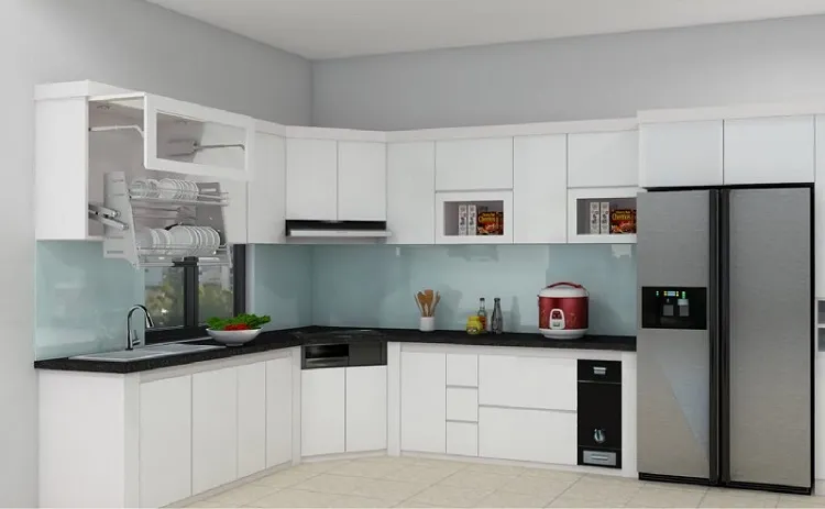Tủ bếp chữ L chất liệu gỗ phủ Melamine với thiết kế thông minh giúp gia chủ sử dụng được hết công năng