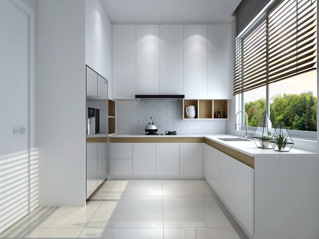 Tủ bếp chữ L vô cùng gọn gàng và sạch sẽ với gam màu trắng tinh khôi