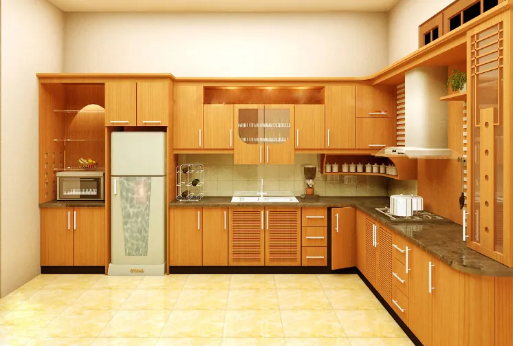 Mẫu tủ bếp hình chữ L gỗ tự nhiên sang trọng