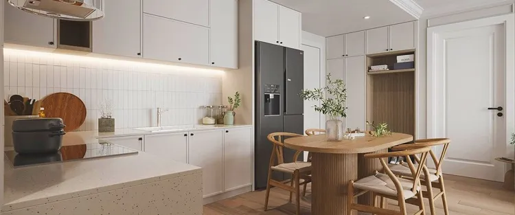 Mẫu tủ bếp chữ L phong cách Wabi Sabi tinh tế đúng chuẩn phong cách người Nhật
