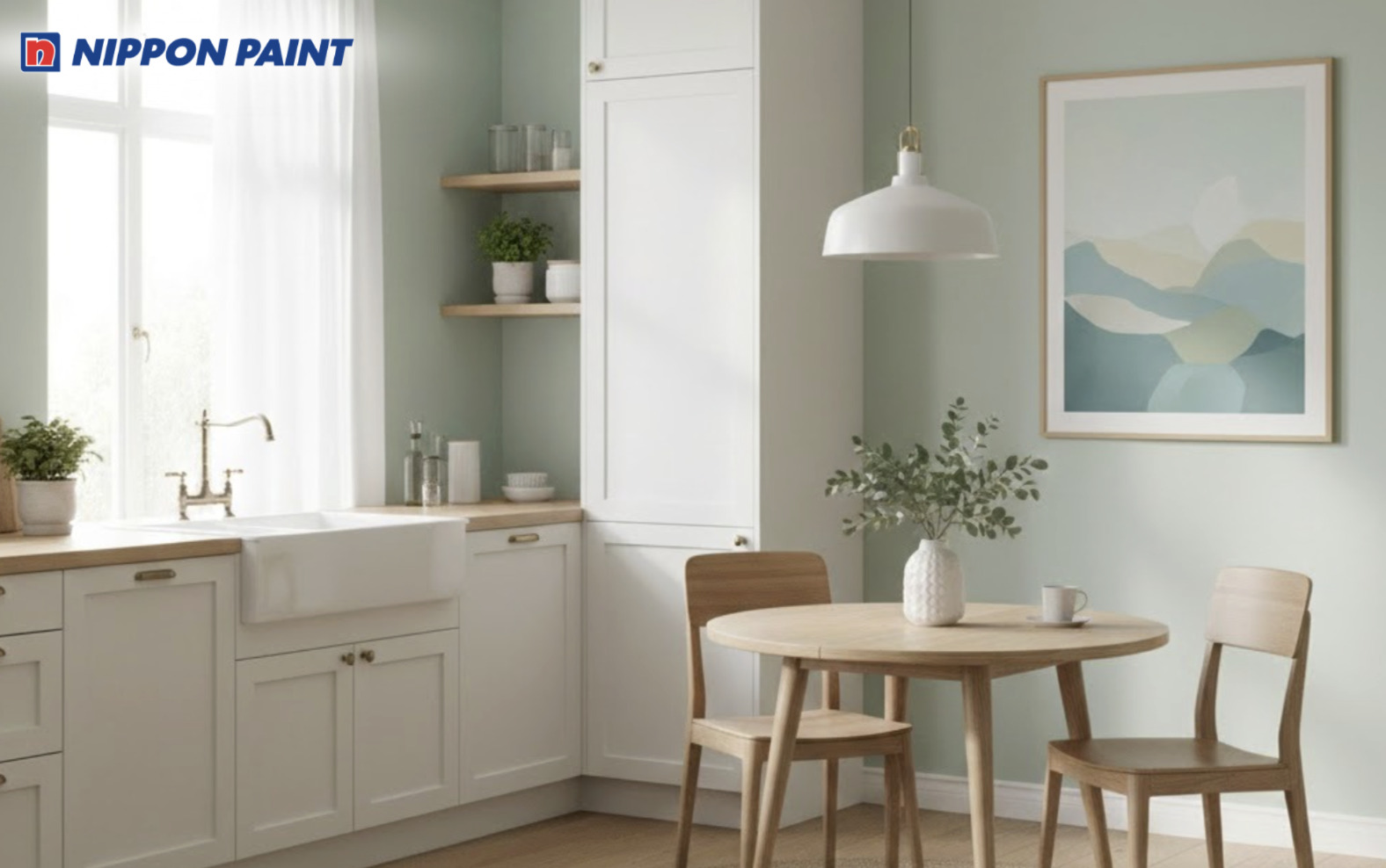 Phòng bếp màu pastel xanh mint tạo cảm giác sạch sẽ, gọn gàng nhưng vẫn giữ được sự ấm áp