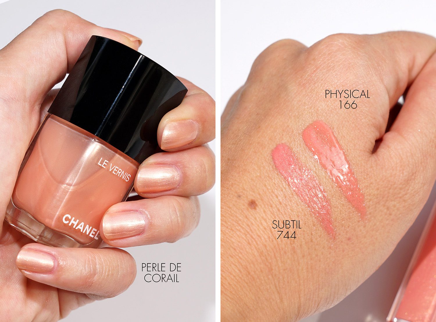 Chanel Le Vernis Coralium and Rouge Coco Gloss True swatches