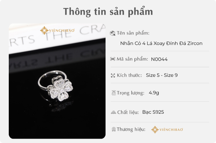 Nhẫn cỏ 4 lá xoay đính đá zircon - Viễn Chí Bảo