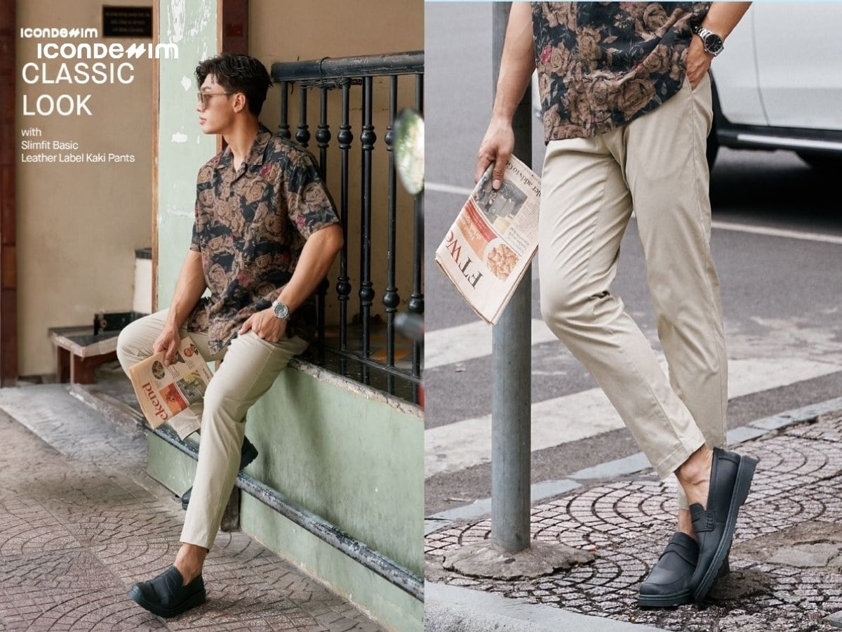 Outfit cực chất nhờ sự kết hợp quần baggy kaki nam với sơ mi hoạ tiết làm điểm nhấn