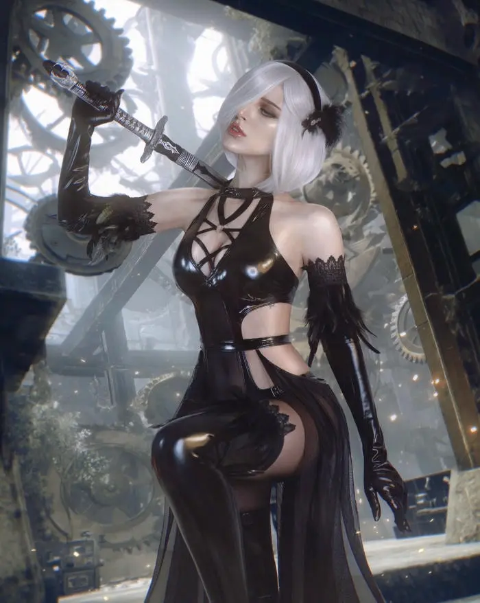 Cosplay B vú bự cầm kiếm nứng lồn