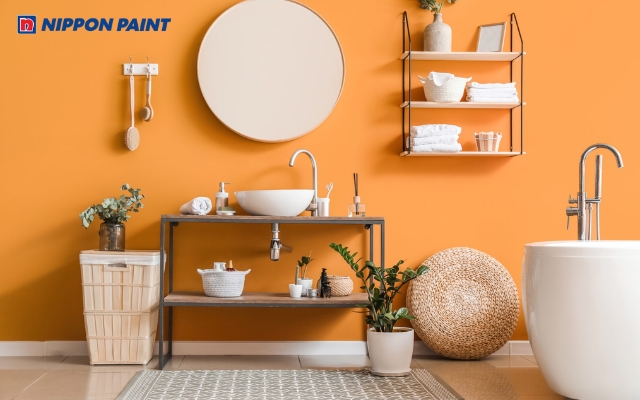 Mẫu phòng tắm hiện đại màu cam nhạt mang lại cảm giác thư giãn và tươi mới