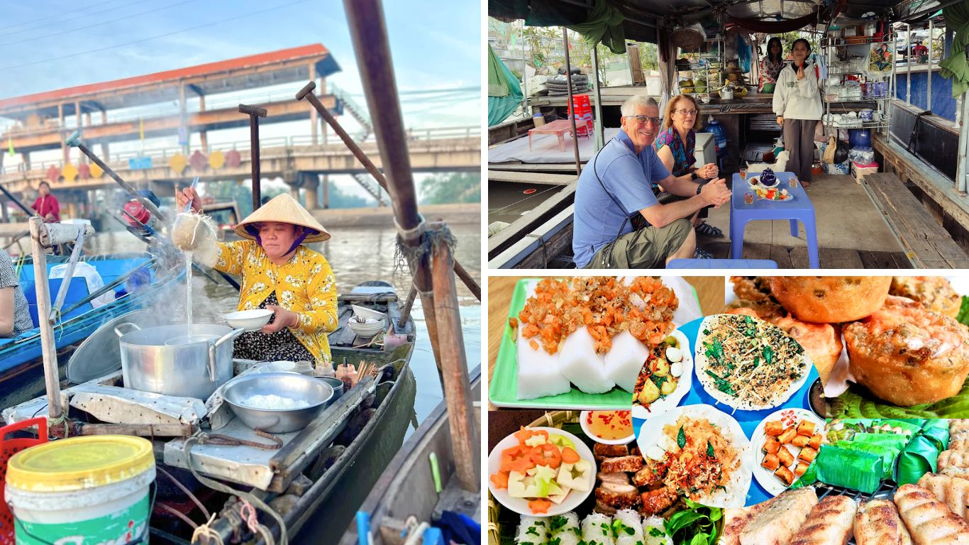 Local vendor cooking breakfast on a boat at Cai Rang Floating Market, Can Tho, with travelers enjoying fresh food and local dishes on the water