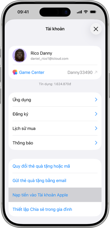 Nạp tiền v&agrave;o số dư T&agrave;i khoản Apple