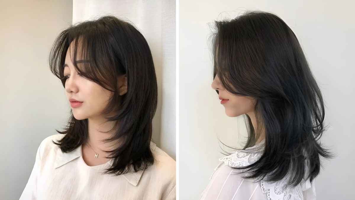 Tóc mái bay layer mullet cho mặt tròn