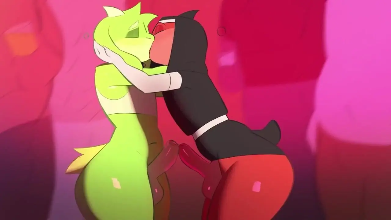 Ảnh hentai gay hai nhân vật furry xanh lá và đen đang hôn nhau nồng nhiệt