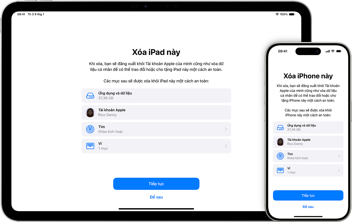 iPad và iPhone hiển thị các mục sẽ bị xóa nếu bạn xóa thiết bị.