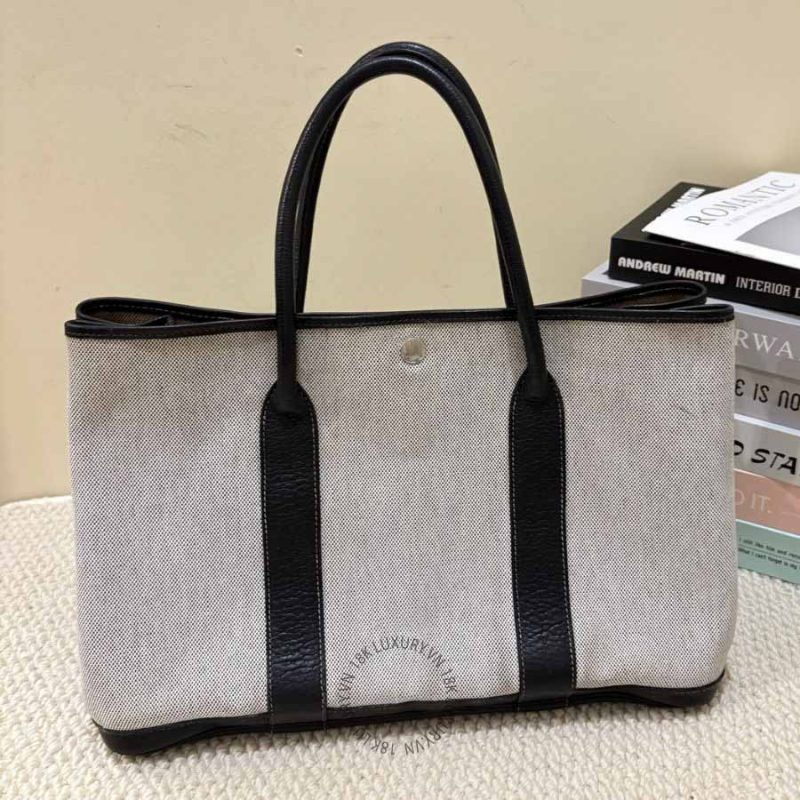 Túi vải Hermes Garden Party PM Authentic màu xám đen vải Toile H da Buffle HM101