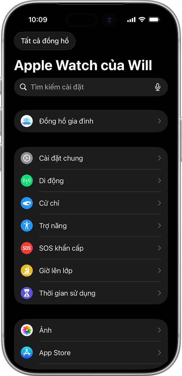 iPhone hiển thị màn hình Cài đặt cho Apple Watch được quản lý